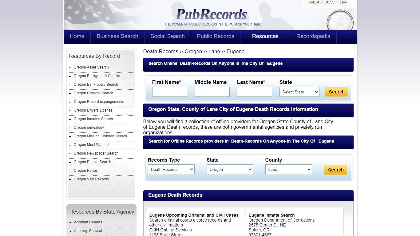 Eugene, Lane County, Oregon Death Records